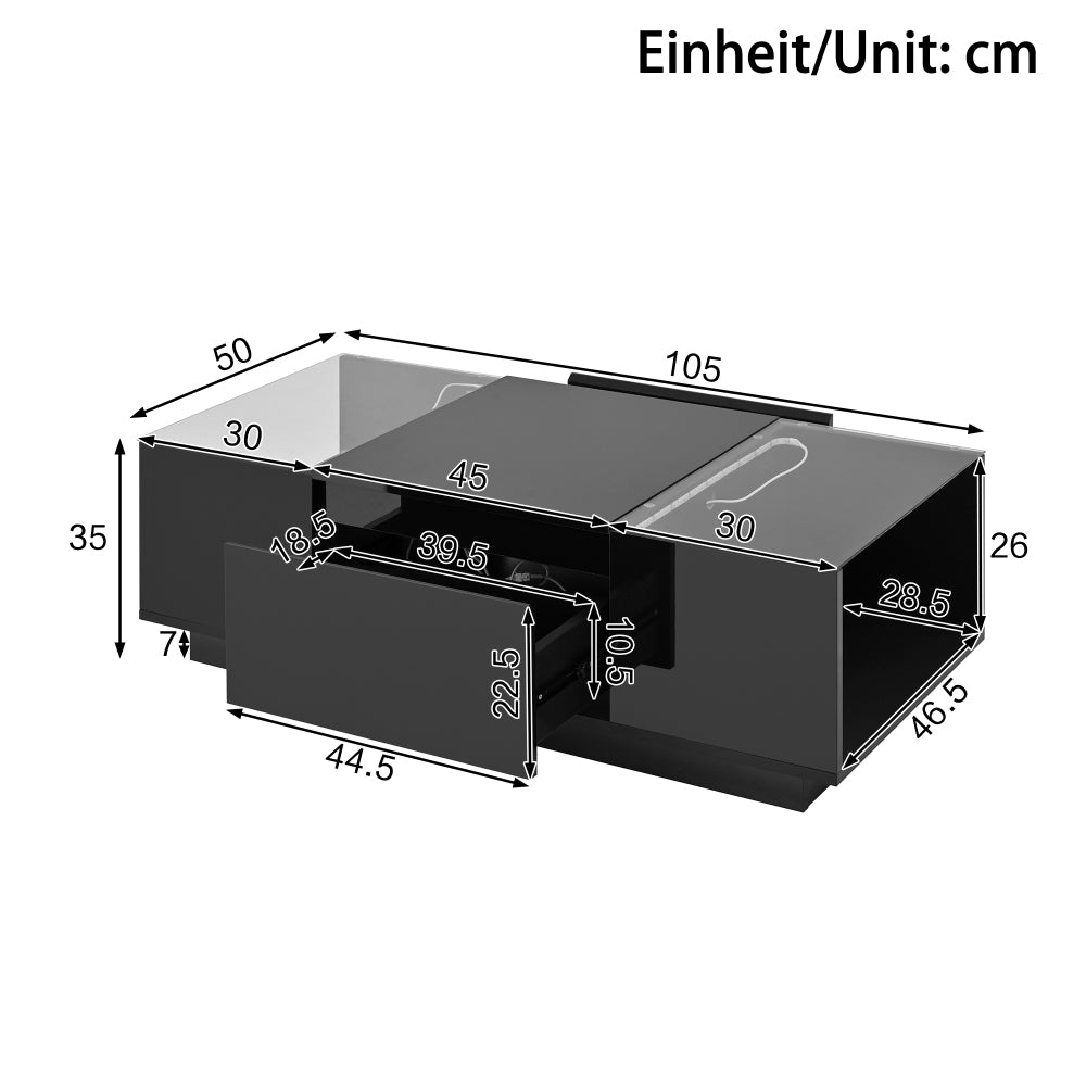 Moderne Salontafel – Woonkamertafel – Opvouwbare Tafel – Hoogglans Tafel – Opbergtabel – 105cm Breed – Glasblad Met 2 Lades – Zwart