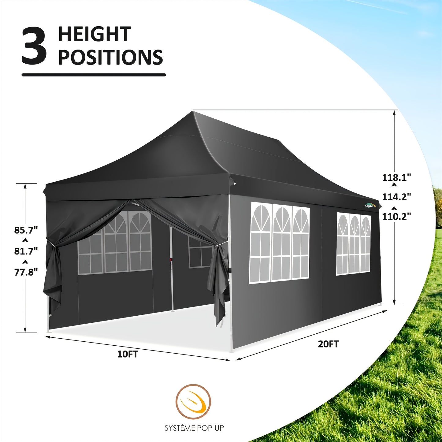 Partytent – Paviljoen – Tuintent – Feesttent – Overkapping – Opvouwbaar – 3x3 m – 6 Afneembare Zijwanden – Aluminium Frame – Polyester doek – Zwart