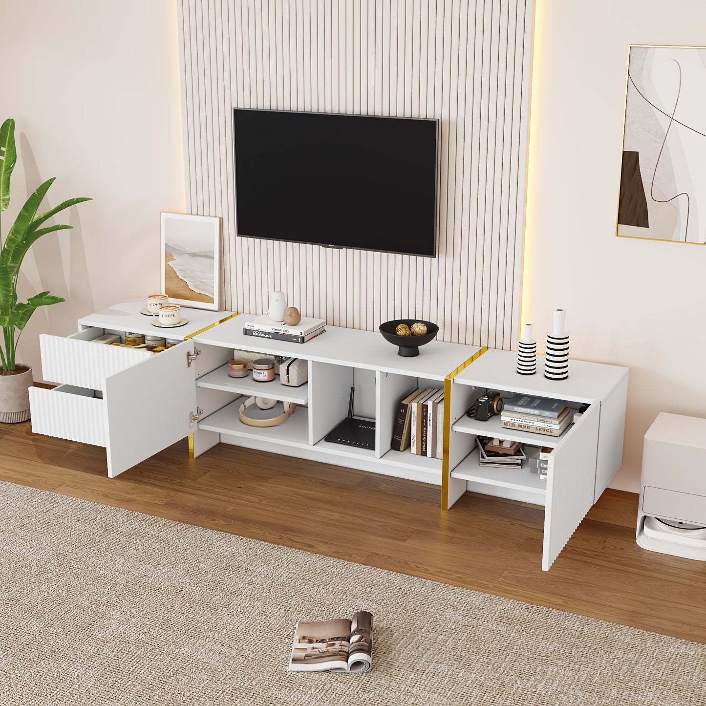 TV-Meubel – Tv Kast – Mediameubel – Entertainmentmeubel – Tv Console – Modern Wit Met Gele Accenten – Geschikt Voor Tv’s Tot 80 Inch – Ruime Opbergruimte 190x35x45,5 cm