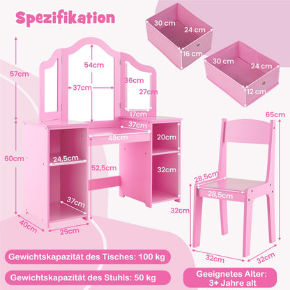 Kinder Make-up Tafel – Schminktafel – Speeltafel – Vanity – Kaptafel – 2-in-1 Met Verwijderbare Spiegel – Inclusief Opslagboxen – Roze