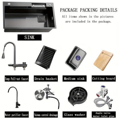 Kitchen Sink, 68*45cm/80*45cm Drop In Waterfall Kitchen Sinks Workstation with Cup Washer, Stainless Steel Undermount Single Bowl Basin with All Accessories, Household Waterfall Sinks
