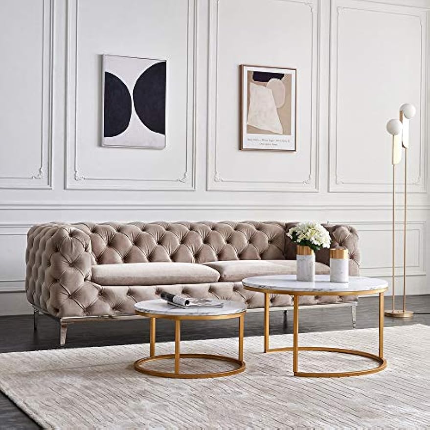 Ronde Salontafel – Bijzettafel – Nesting Tafel – Koffietafel – Woonkamer Tafel – Set van 2 – MDF en Massief Houten Blad – Goud Metaal Frame – Compact en Modulair Design