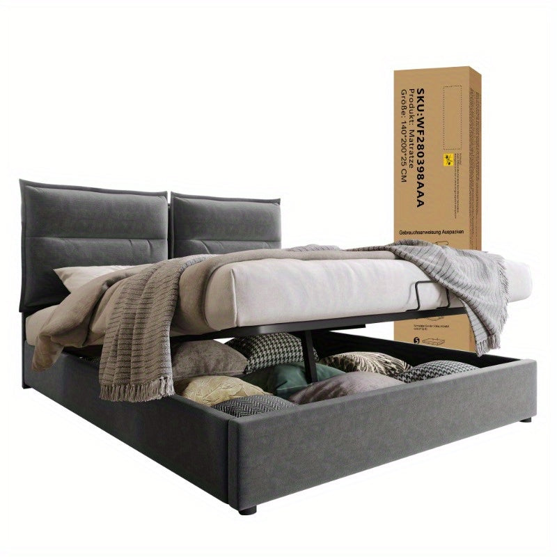 Twijfelaarbed – Tweepersoonsbed – Bedframe – Opbergbed – Bed Met Matras – Hydraulisch Hefmechanisme – Verstelbaar Hoofdbord – Metaal – 140x200 cm – Ruimtebesparend Design