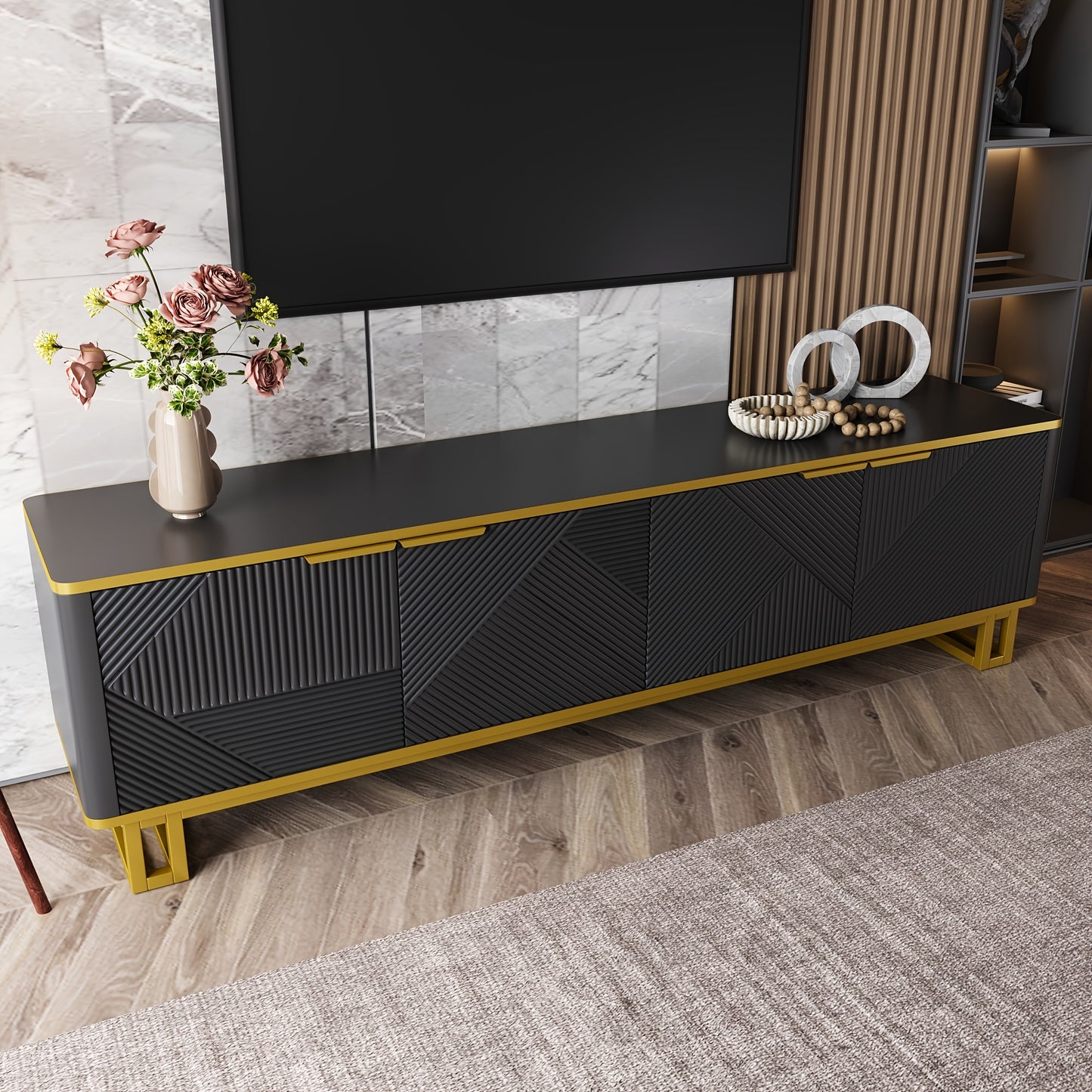 Modern Low-Profile 4-Door TV Stand Cabinet with Geometric Texture Panel Doors - Non-Wood TV Entertainment Center Suitable for Flat-Screen TVs, Easy Assembly, Space-Saving Design