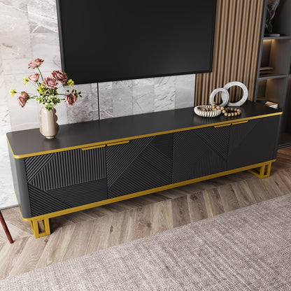 Modern Low-Profile 4-Door TV Stand Cabinet with Geometric Texture Panel Doors - Non-Wood TV Entertainment Center Suitable for Flat-Screen TVs, Easy Assembly, Space-Saving Design