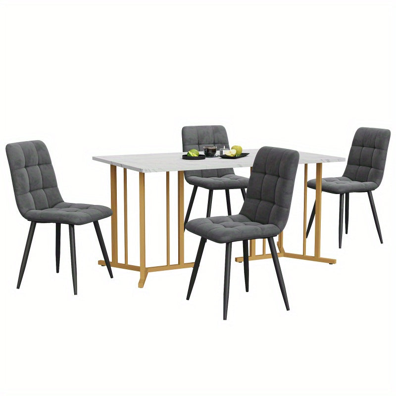 Eetkamerset – Tafel Stoel Set – Diningset – Eettafel Met Stoelen – Wit MDF Marmer – Donkergrijze Velvet Stoelen – Verstelbare Tafelpootjes – Metalen Frame