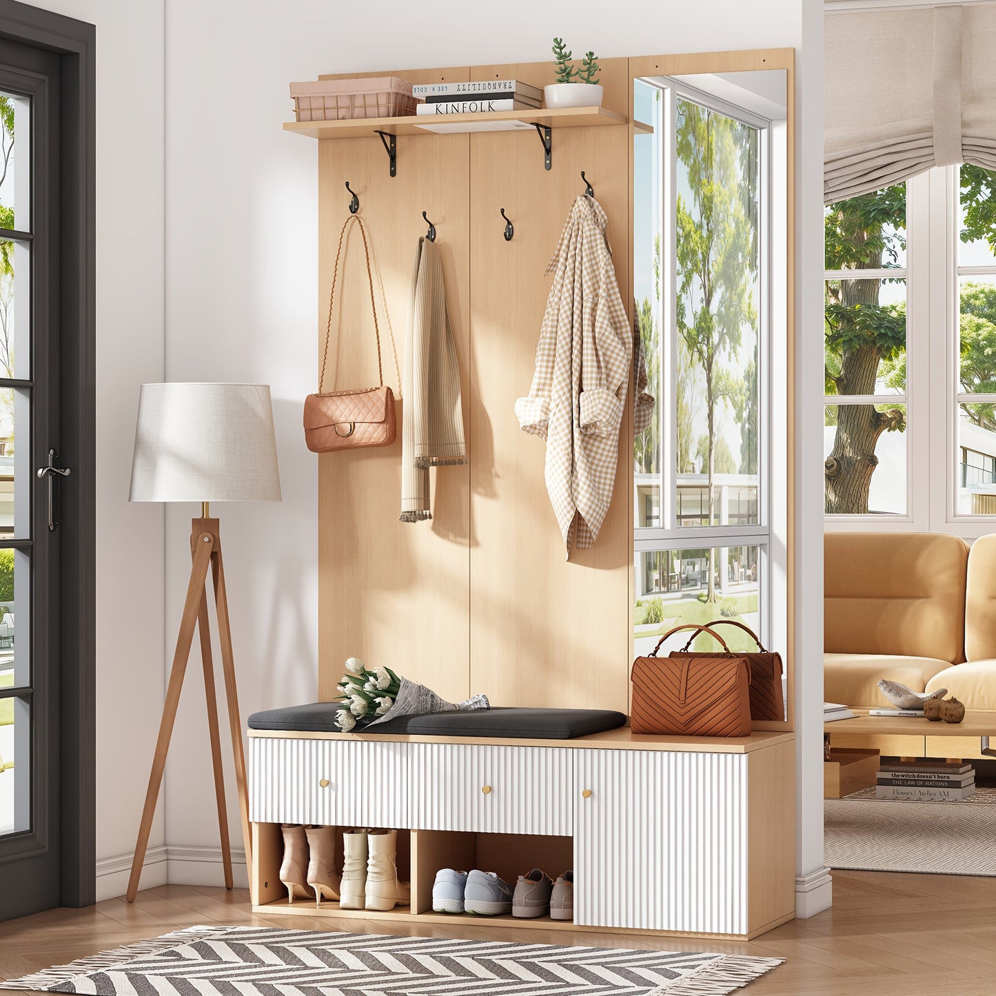 Kledingkast – Garderobekast – Opbergkast – Schoenenkast – Spiegelkast – Multifunctioneel ontwerp – Ruimtelijk en Modern – 120x40x200 cm – Houtkleur wit details
