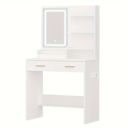 Kaptafel – Make-uptafel – Cosmeticatafel – Vanity – Opmaaktafel – LED Verlichting – 2 Lades & 2 USB Stopcontacten – Wit – 80x40x140 cm – Houtvezelplaat