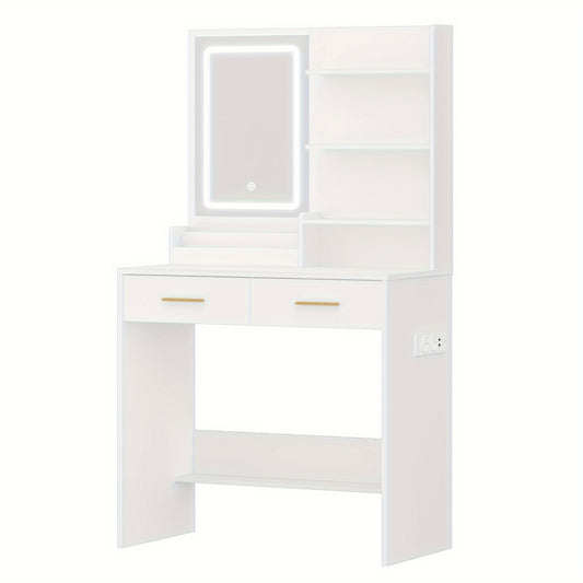 Kaptafel – Make-uptafel – Cosmeticatafel – Vanity – Opmaaktafel – LED Verlichting – 2 Lades & 2 USB Stopcontacten – Wit – 80x40x140 cm – Houtvezelplaat