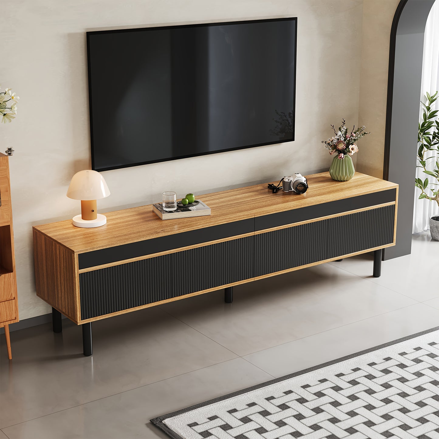 TV Cabinet, TV Stand, TV Panel, And Three-door Base Cabinet. Fine Texture. Available In Black And Natural Wood. Height 47 Cm/ Length 170 Cm/ Width 38 Cm- Heavy-Duty Construction, Spacious Storage, Minimalist Living Room Furni