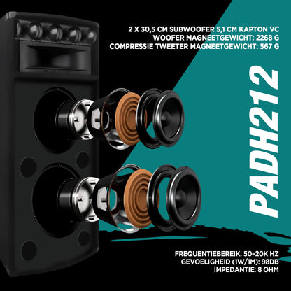 1600W Luidspreker – Subwoofer – PA Speaker – DJ Speaker – Party Speaker – Zwarte 1600 Watt – Dubbele 12-inch Woofers & 4 Tweeters