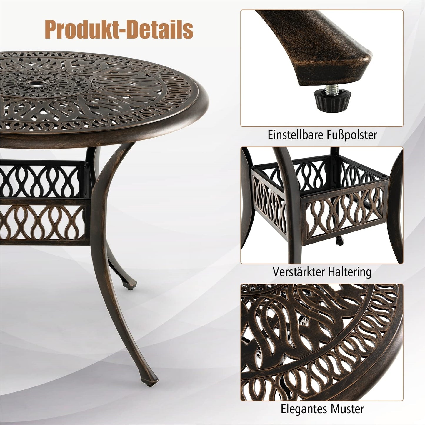 Tuin Tafel – Balkontafel – Terrastafel – Bistrotafel – Loungtafel – Rond Aluminium Gietwerk – 90 cm Ø – Weerbestendig Antiek Bruin