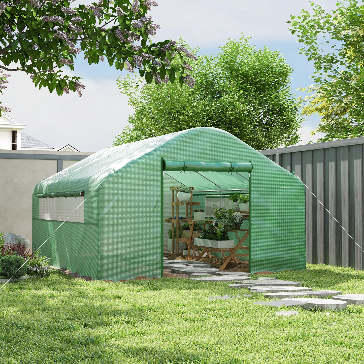 Outsunny Garden Greenhouse 12 m², Tunnel Greenhouse 4 x 3 x 2 m with Roll-Up Doors and Large Mesh Windows, Galvanized Steel and High-Density PE 140 g/m² UV-Resistant, Green