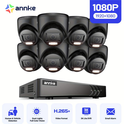ANNKE 8CH 5MP Lite DVR 1080P TVI Outdoor Security Camera System IR Night Vision, 5-in-1 AI 3K DVR Recorder And 8 X 1080P CCTV Indoor & Outdoor Turret Cameras, 30.48 meter Night Vision, Email Alert With Snapshots, Motion Detet