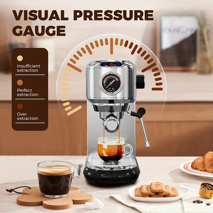 1 Unit CAFELFFEMK-601 Espresso Machine with Milk Frother, 20bar Extraction, Visible Pressure Gauge, Stainless Steel Body, Removable Drip Tray, 1.1L Water Capacity, Coffee Shop Gift Suitable for Lovers/father/mother, Office Eq