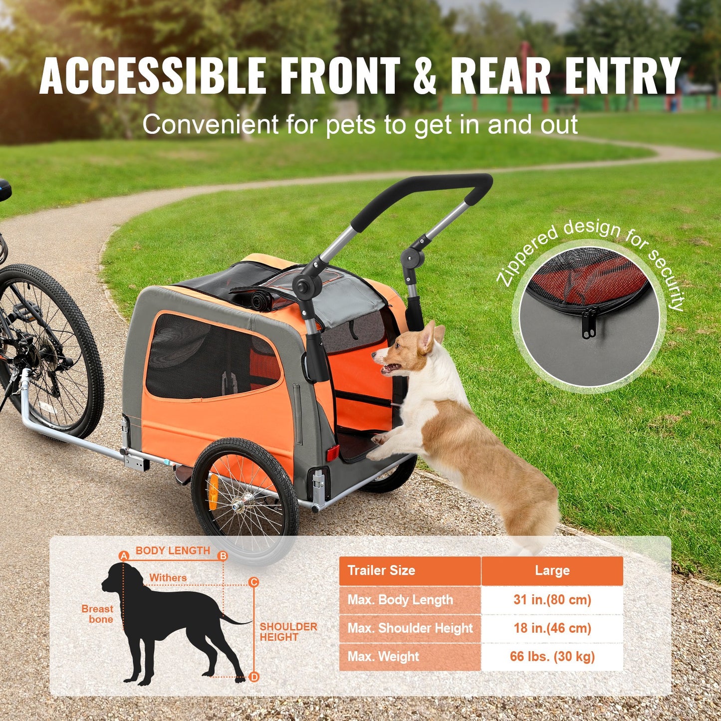 fietskar hond – hondenfietskar – hondenaanhanger – hondenbuggy – hondenkar – Opvouwbaar Frame – Draagvermogen 30 kg – Universele Koppeling – Reflectoren – Oranje/Grijs