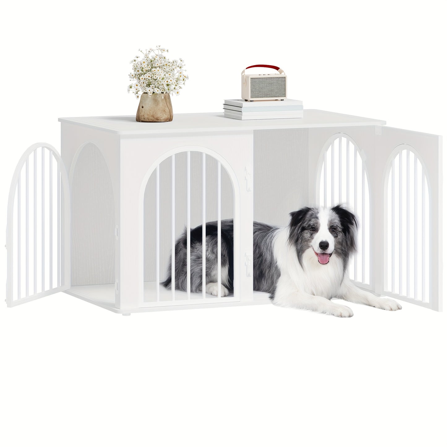 Hondenbench – Hondenkooi – Hondenkooi Binnen – Reisbench – Hondenhok – 3 Deuren & Boogvormige Deur – Stevig Metaal Met Houten Afwerking – Voor Middelgrote en Grote Honden – Wit