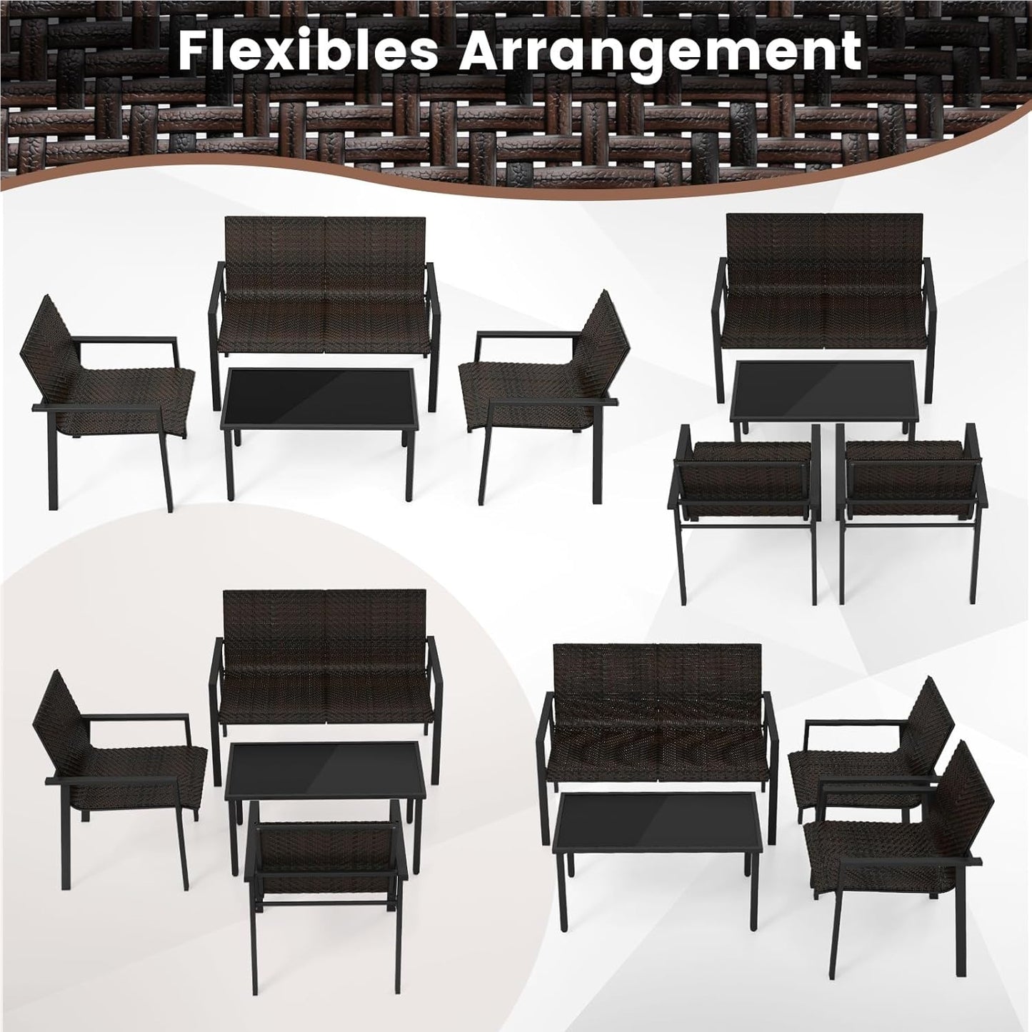 Polyrattan Tuinmeubelset – Tuinset – Loungeset – Balkonset – Terrasmeubelen – 4-Delig Met 2 Stoelen, Bank & Tafel – Weerbestendig Metaalframe – Gehard Glas Blad – Bruin