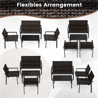 Polyrattan Tuinmeubelset – Tuinset – Loungeset – Balkonset – Terrasmeubelen – 4-Delig Met 2 Stoelen, Bank & Tafel – Weerbestendig Metaalframe – Gehard Glas Blad – Bruin