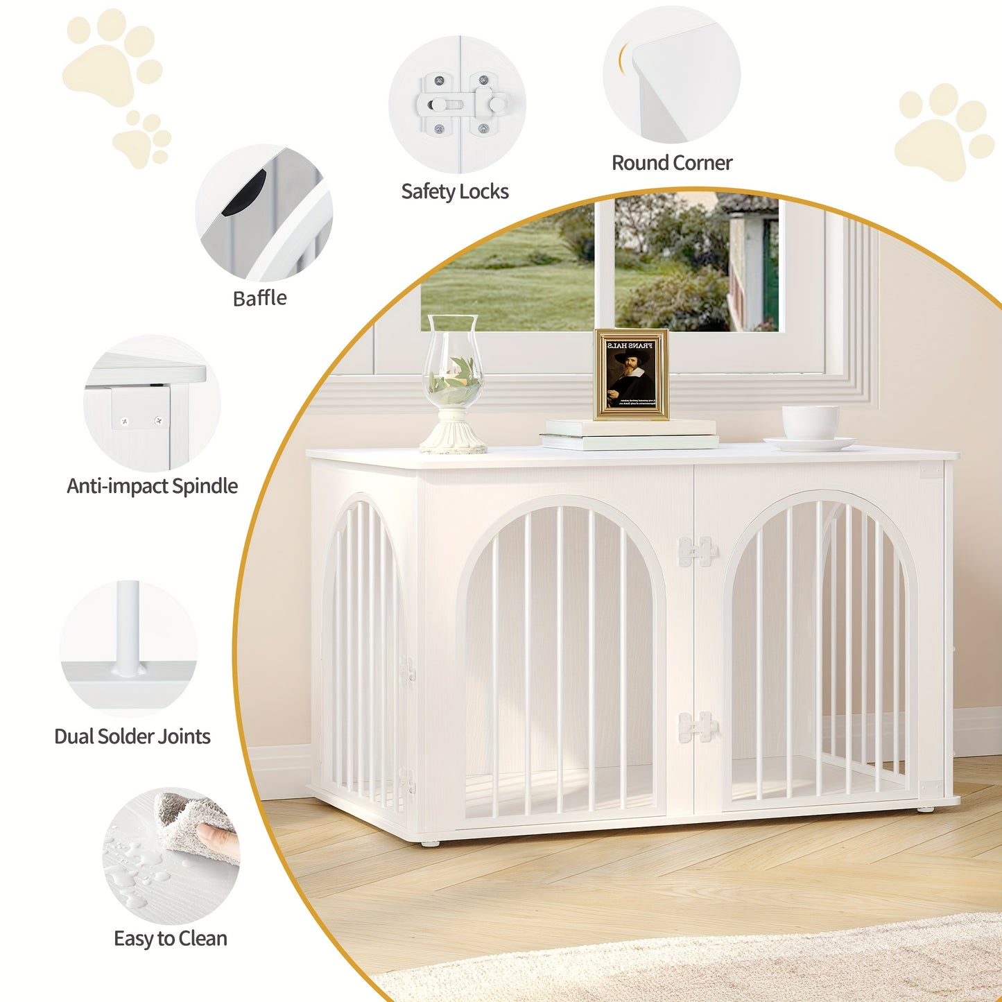 Hondenbench – Hondenkooi – Huisdiervangkooi – Hondenkennel – Hondenschuur – Middelgrote Honden – Wit – 3-Deurs Boogvormige Deur – Stevig Metalen Frame – Multifunctioneel Meubelstuk – 60x100x63 cm