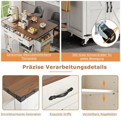 Mobile Kitchen Island Cart with Pull-Out Worktop, 4 Doors & 2 Drawers - Heavy-Duty Metal Frame White/Black Rolling Cabinet on Casters, Space-Saving Mobile Storage Trolley for Small Kitchens, Easy Assembly (No Wood)