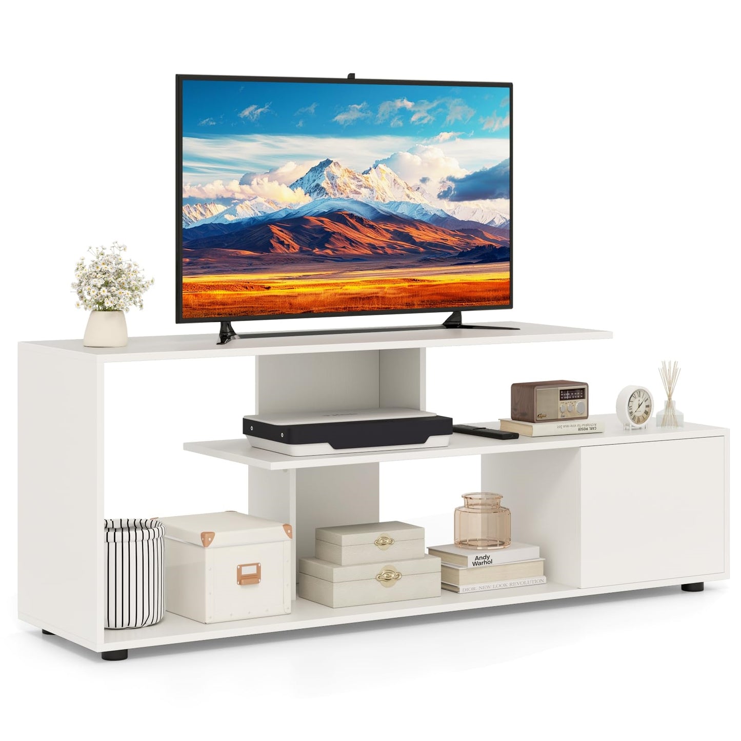 TV-meubel – TV-kast – Lowboard – Tv-meubel met opbergruimte – Tv-plank – Wit – Voor tv’s tot 55 inch – Uniek asymmetrisch design