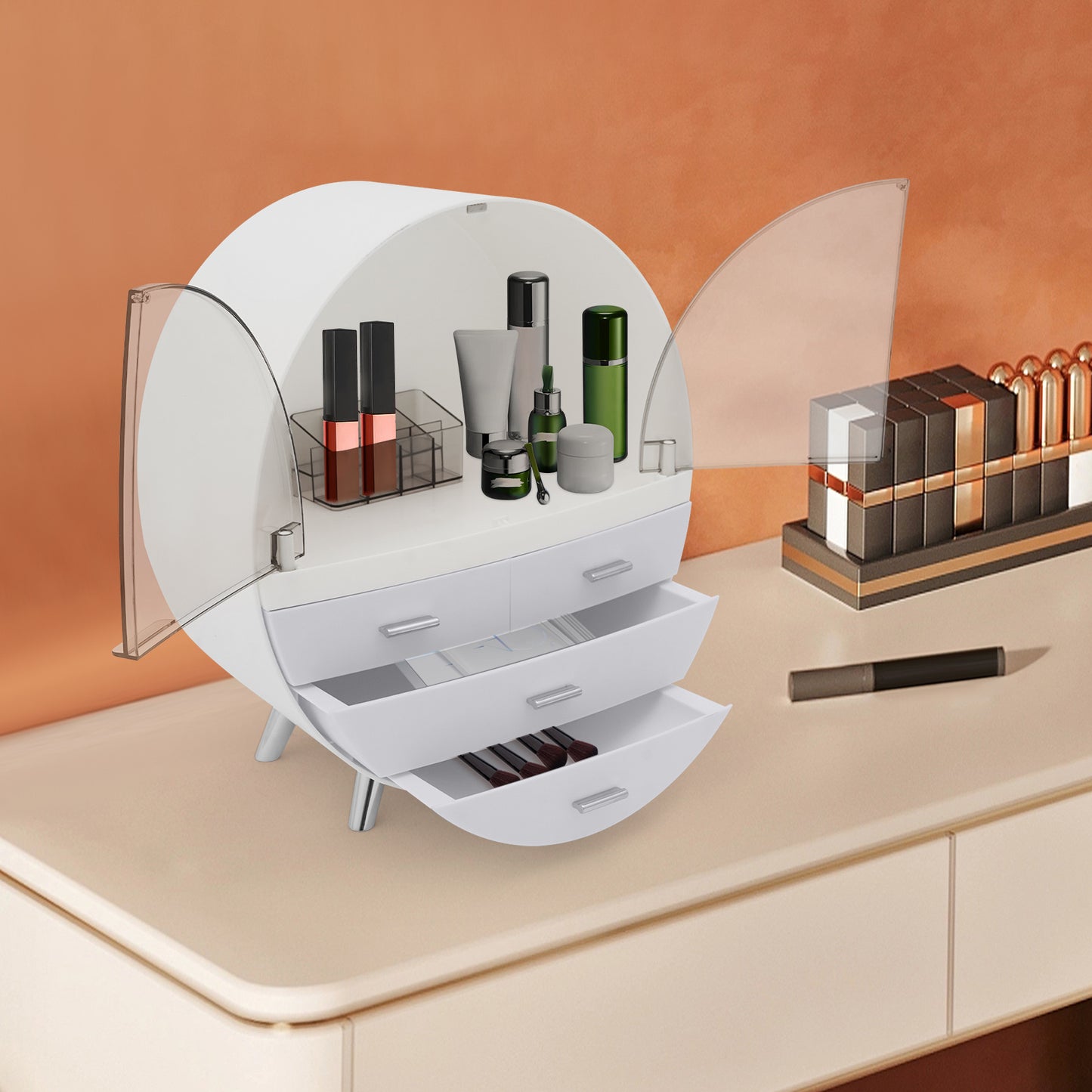 Cosmetica Organizer – Make-up Opberger – Beauty Organizer – Make-uptafel Organizer – Verzorgingsproducten Opbergdoos – 4 Lagen Met Lades – Duurzaam HIPS Materiaal – Modern Grijs-Wit Design