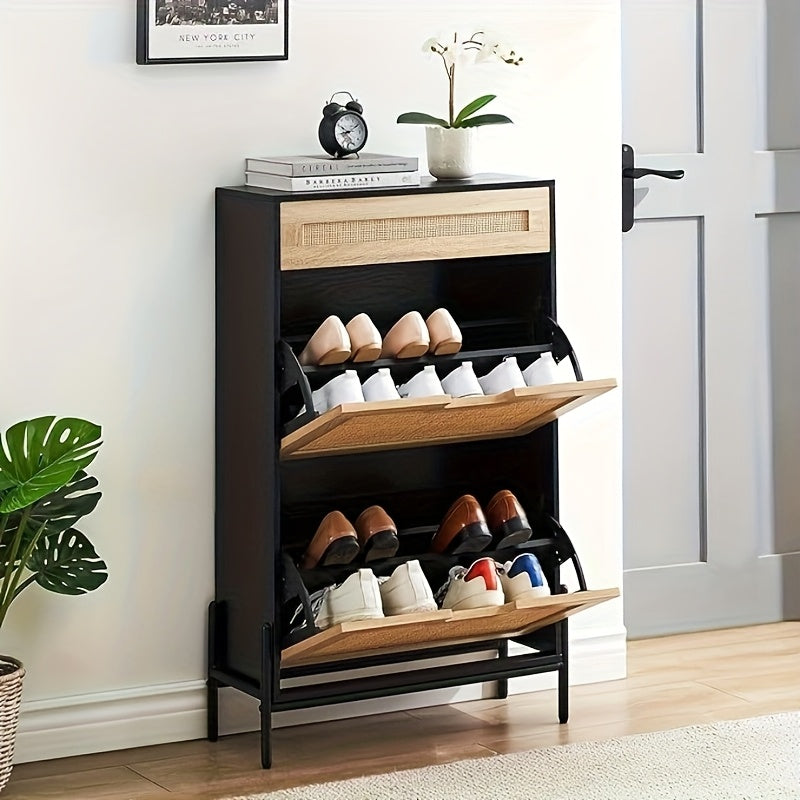 Schoenenkast – Schoenen Opberger – Schoenenkast – Schoenenschuifkast – Schoenrekken – Modern Design – Met 2 Kleppen en 4 Verstelbare Planken – Zwart – Duurzaam Hout en Metaal