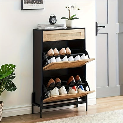 Schoenenkast – Schoenen Opberger – Schoenenkast – Schoenenschuifkast – Schoenrekken – Modern Design – Met 2 Kleppen en 4 Verstelbare Planken – Zwart – Duurzaam Hout en Metaal