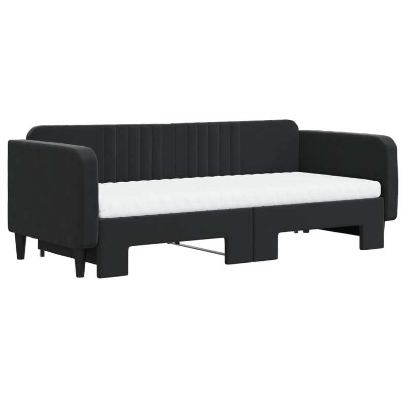 Bedframe – Eenpersoonsbed – Slaapbank – Ledikant – Bedbank – Minimalistisch Hoofdbord – Zwart Velvet – Stevig Houten Frame – Geschikt Voor Matras 90x200 cm