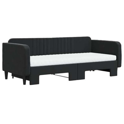 Bedframe – Eenpersoonsbed – Slaapbank – Ledikant – Bedbank – Minimalistisch Hoofdbord – Zwart Velvet – Stevig Houten Frame – Geschikt Voor Matras 90x200 cm