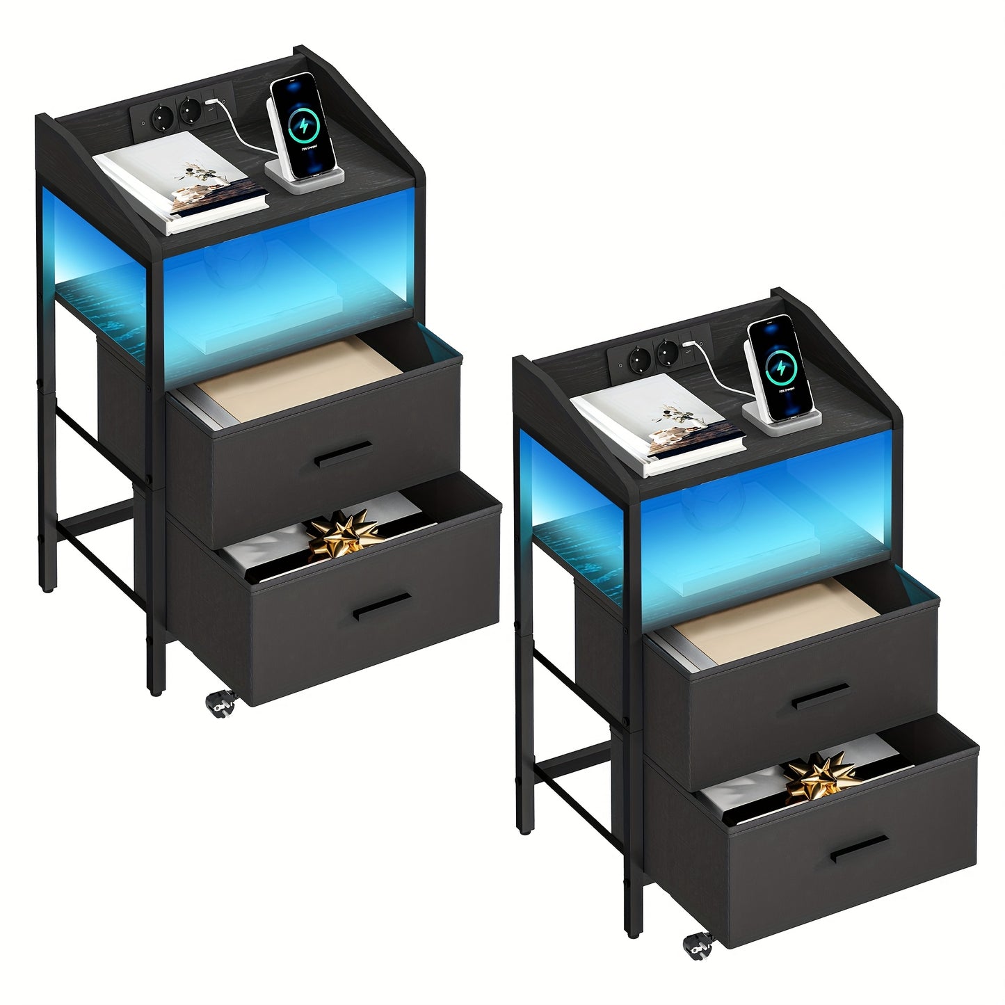 Nachtkastje – Bijzettafel – Bedkastje – Slaapkamerkastje – Opbergmeubel – Met LED-verlichting – USB Oplaadstation – Zwart/Wit – 2 Lades – Met Stopcontacten