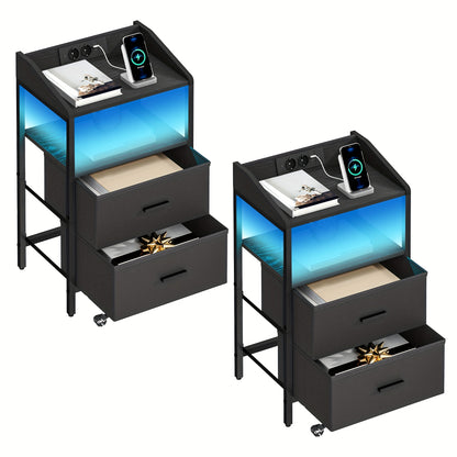 Nachtkastje – Bijzettafel – Bedkastje – Slaapkamerkastje – Opbergmeubel – Met LED-verlichting – USB Oplaadstation – Zwart/Wit – 2 Lades – Met Stopcontacten