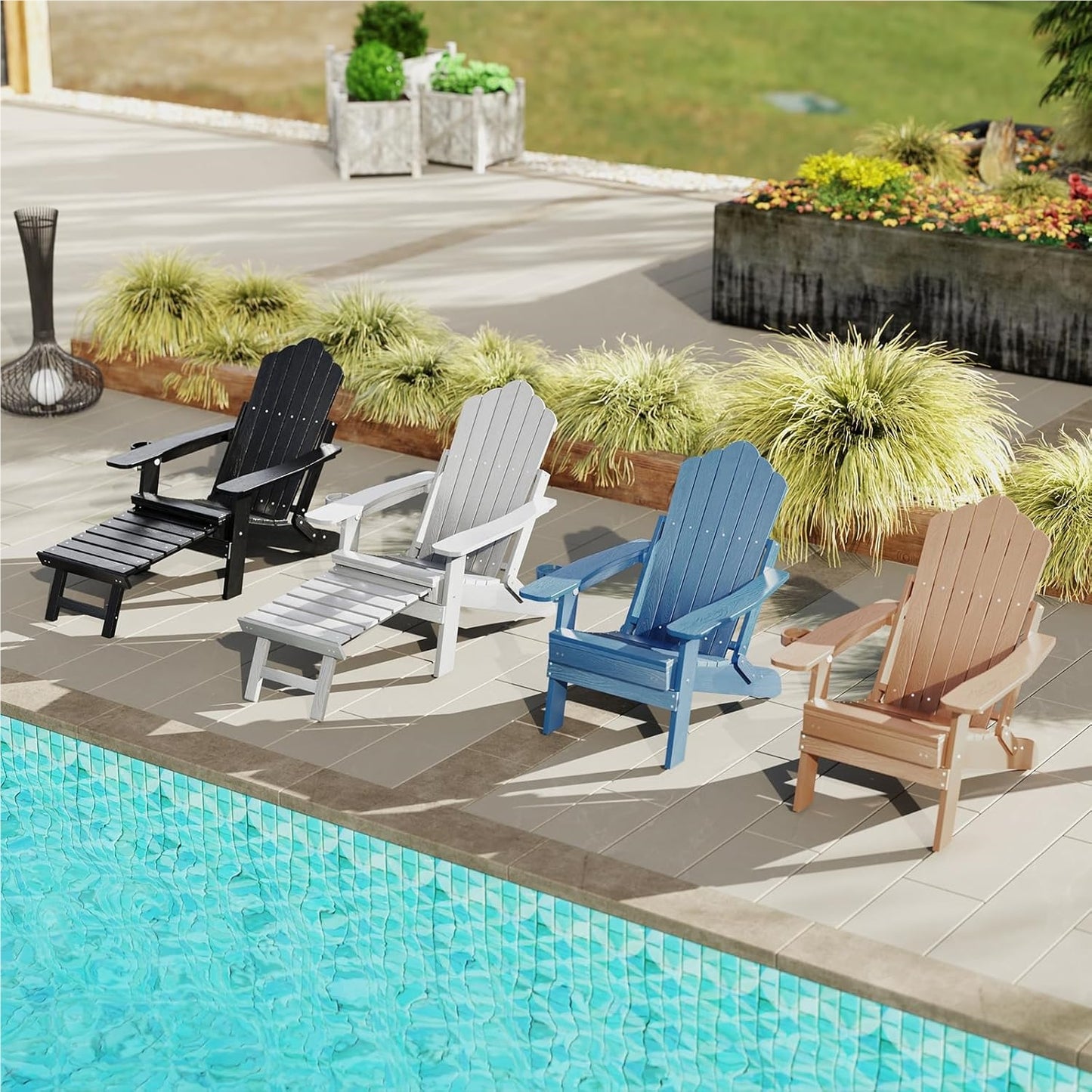 Adirondack Tuinstoel – Tuinstoel – Buitenstoel – Ligstoel – Relaxstoel – Vouwbaar Met Voetensteun – Weerbestendig Kunststof – Verstelbare Rugleuning – 180 Kg Draagvermogen – Zwart