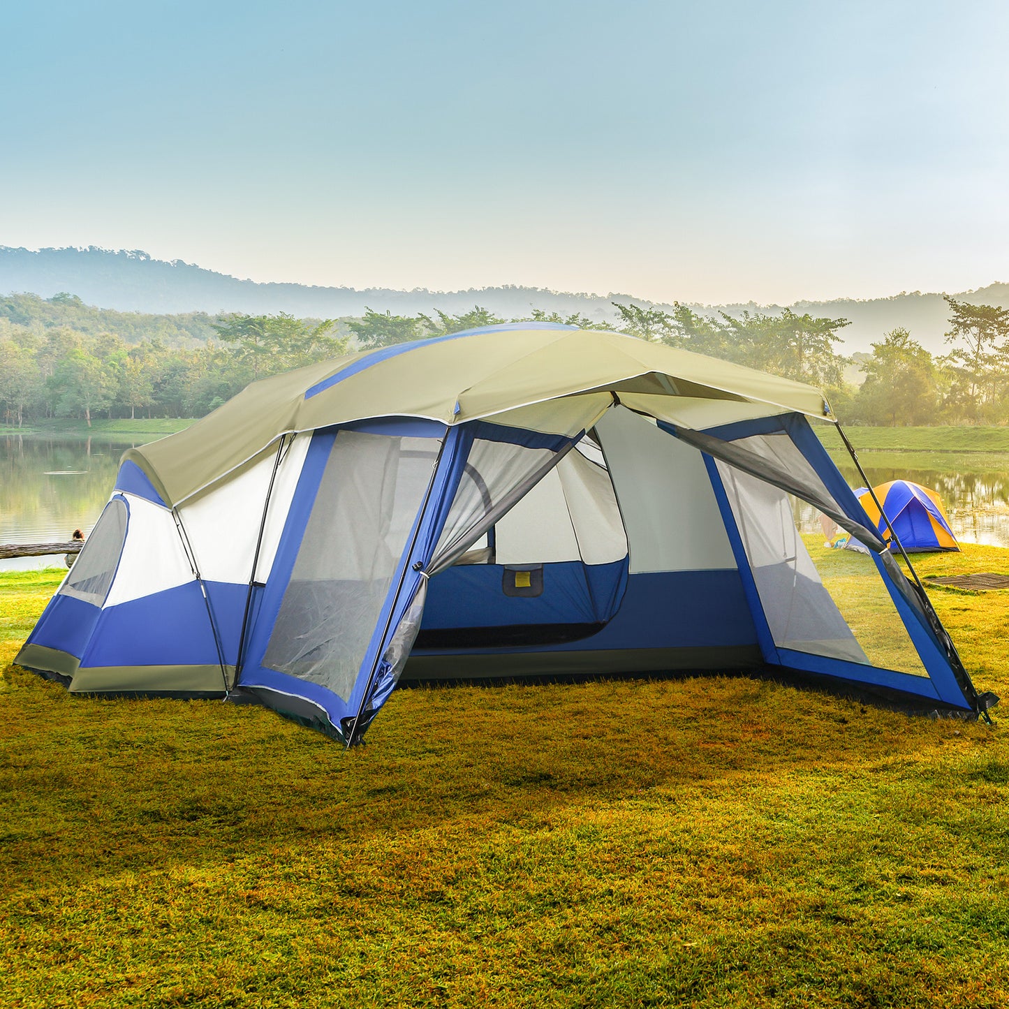 Familietent – Kampeertent – Trektent – Festivaltent – Dome Tent – Waterdicht PU 3000mm – Ruim voor 6-8 Personen – Blauw