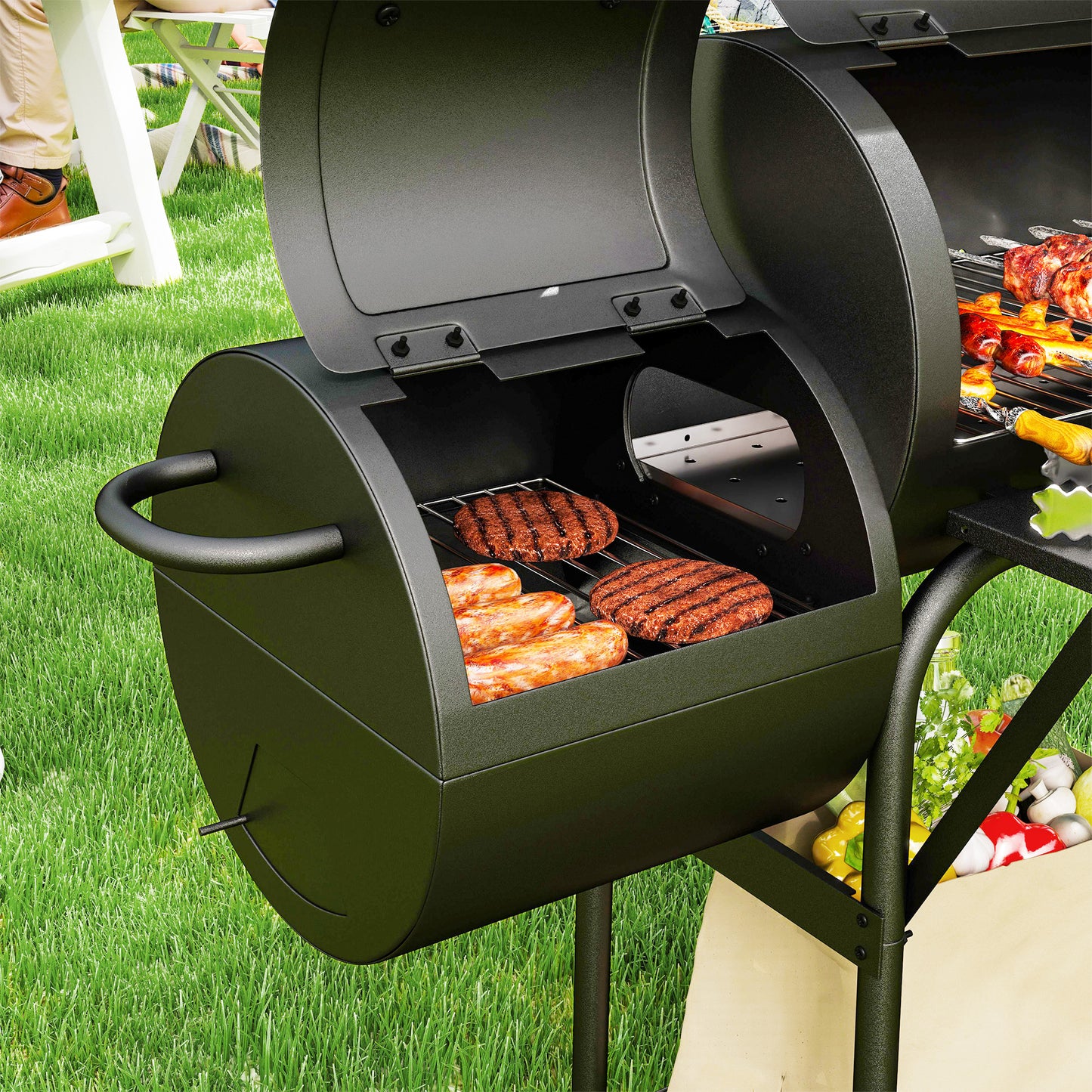 Houtskoolbarbecue – Barbecue – Smoker – Grill – Kogelbarbecue – Staal – Met Deksel en Thermometer – Verstelbare Luchttoevoer en Wielen