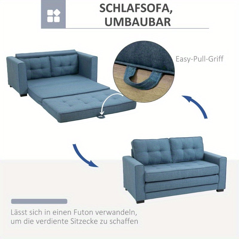 Slaapbank – 2-Zitsbank – Bedbank – Uitklapbank – Zetelbed – Linnen Look Stof – Inklapbaar – Rubberen Houten Frame – Blauw – Compact 147,5x75x85 cm