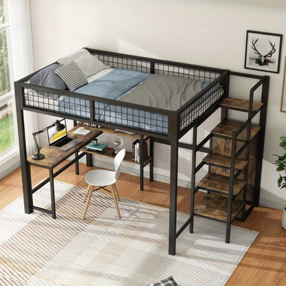 Hoogslaper – Stapelbed – Bedbank – Mezzanine Bed – Bed met Kast – Zwart + Bruin – 140x200 cm – Met Stabiel Metalen Frame
