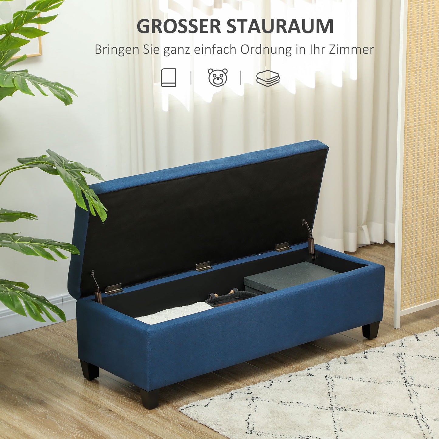Opbergbank – Zitbank – Halbank – Opbergbank – Poef – Stofbekleding – Diepblauw – Ruime Opbergruimte – 125 cm Breed