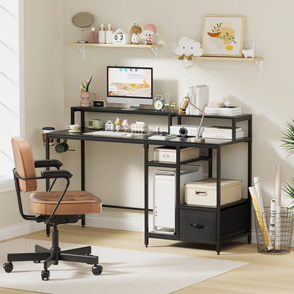 2-Tier Modern Computer Desk With Cup Holder & Headphone Stand - Wooden Desktop + Sturdy Metal Frame, Removable Fabric Drawer & Space-Saving Design For Home Office/Study Room (141x41x75cm)