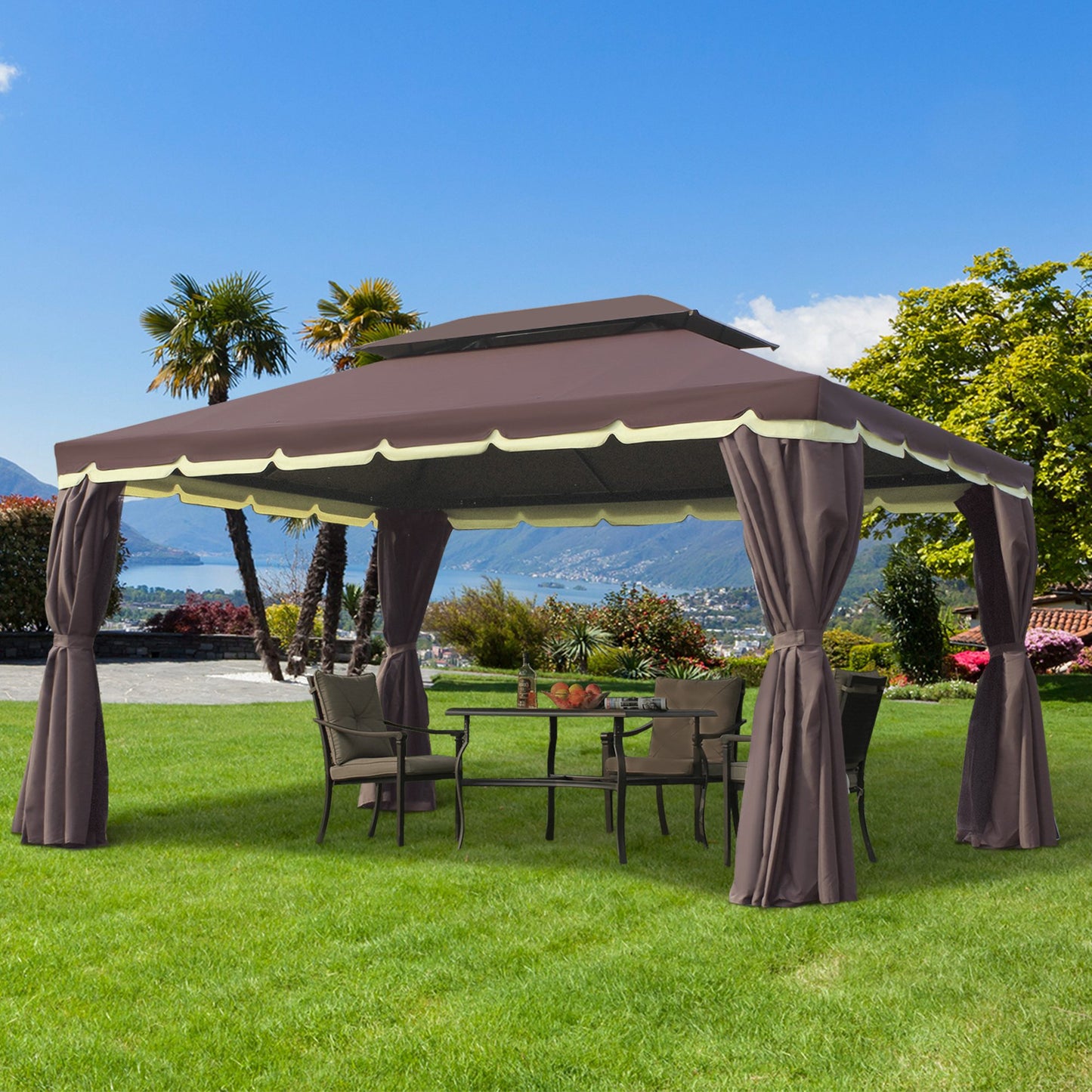 Tuinpaviljoen – Tuinoverkapping – Pergola – Tuinkamer – Buitenverblijf – Chocoladebruin – Aluminium Frame – 4x3 Meter – Met Gordijnen en Muskietennetten