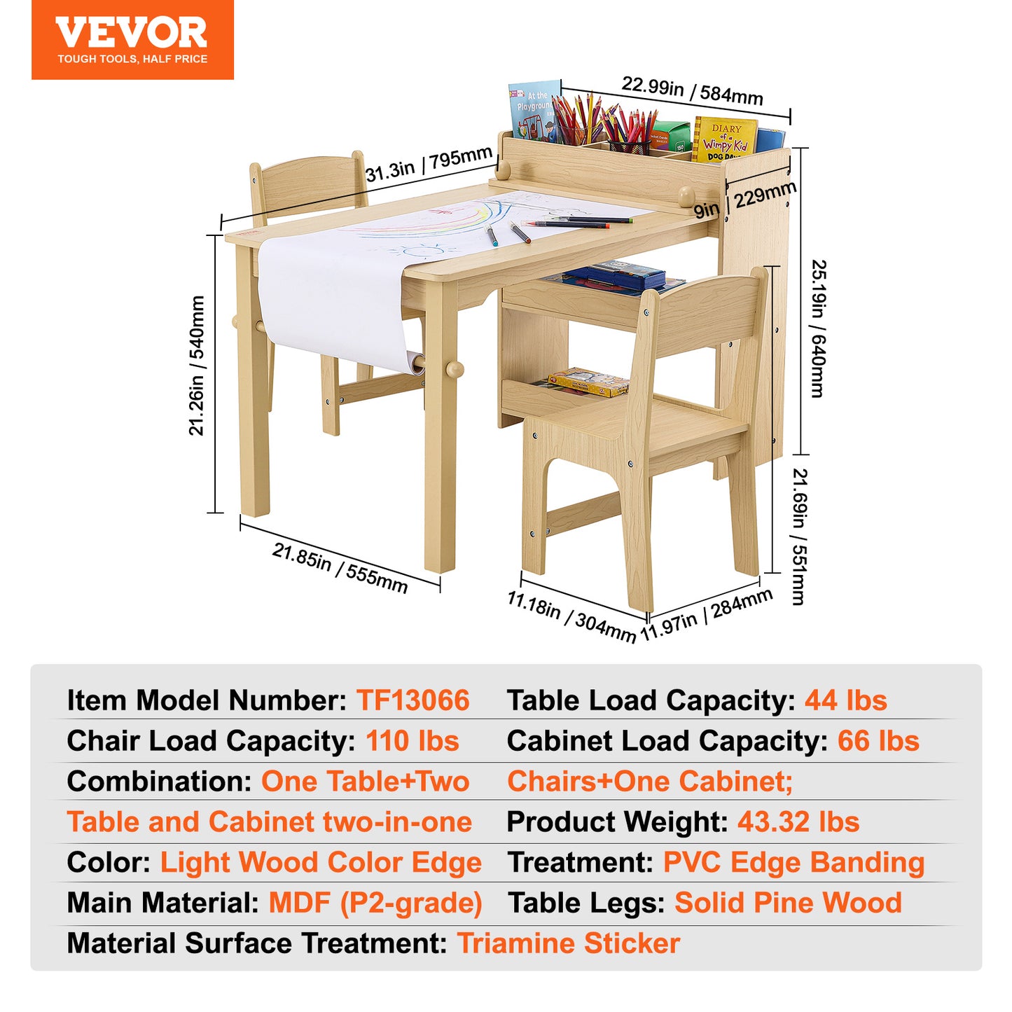 Kinderkunsttafel – Kindertafel – Speeltafel – Knutseltafel – Tafel met 2 Stoelen en Opbergkast – Geschikt voor 2-8 Jaar – Hittebestendig MDF