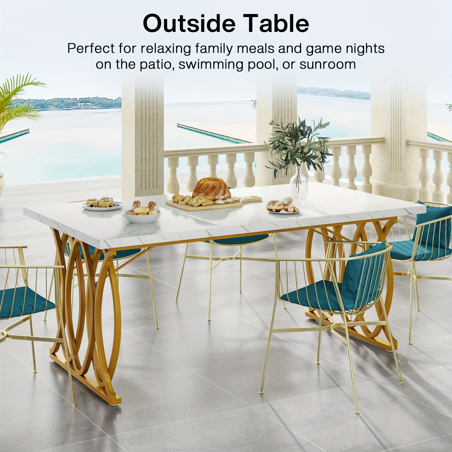 Eettafel – Tafel – Dinertafel – Keukentafel – Dining Table – Grote Witte & Gouden Rechthoekige Eettafel – MDF Marmerlook Blad – Stevig Metalen Frame 81,65 KG draagvermogen