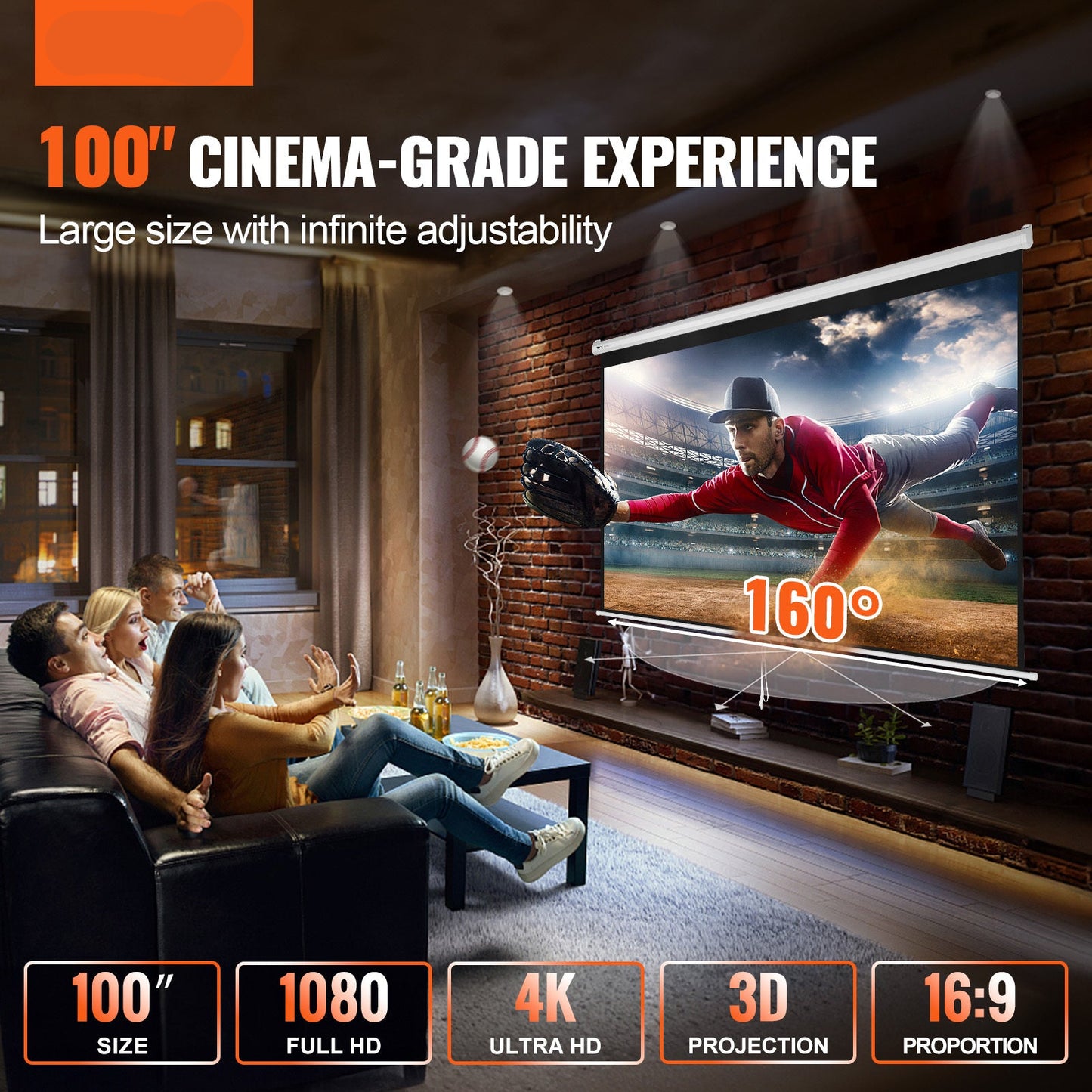 Projectiescherm – Oprolbaar Scherm – Beamer Screen – Presentatiescherm – Bioscoopscherm – 254 cm Breed – Hoogreflecterend PVC – Handmatig Uitschuifbaar – Geschikt Binnen & Buiten