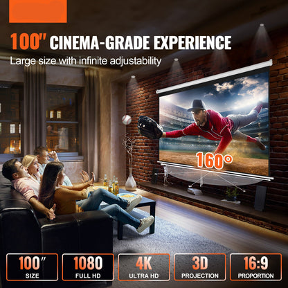 Projectiescherm – Oprolbaar Scherm – Beamer Screen – Presentatiescherm – Bioscoopscherm – 254 cm Breed – Hoogreflecterend PVC – Handmatig Uitschuifbaar – Geschikt Binnen & Buiten