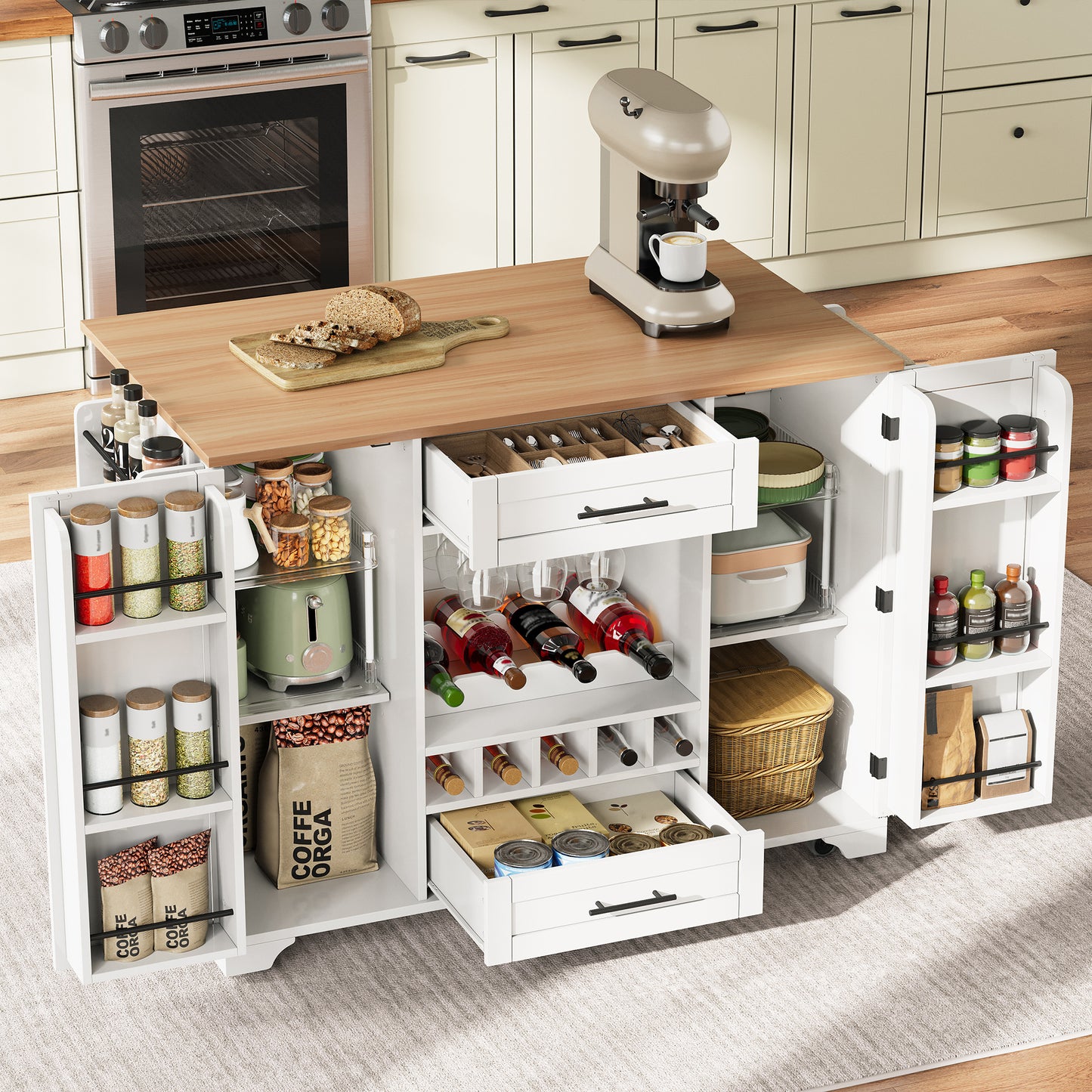 Keukentrolley – Keukenkast – Serveerwagen – Keukenwagen – Opbergtrolley – Uitklapbaar Werkblad – 138x45(70)x92 cm – Melamine Hout & Metaal