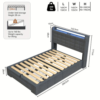 Modern Gestoffeerd Bed – Bedframe – Slaapbed – Opbergbed – Queensize Bed – Hydraulische Lift – LED-Verlichting – 140x200 cm – Grijs Linnen – MDF Frame