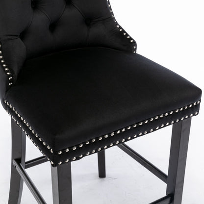 Barstoel – Barkruk – Zitkruk – Keukenstoel – Counterstoel – Zwarte Fluwelen Bekleding – Met Knopen en Chroom Nagelrand – Metaalvrij Houten Poten – Moderne Retro Stijl