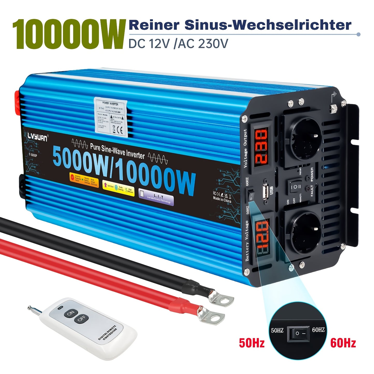 Zuivere Sinusgolf Omvormer – Stroomomzetter – Converter – Inverter – Spanningsomzetter – 12V 5000W – 10000W Piekvermogen – Afstandsbediening & LED-Display