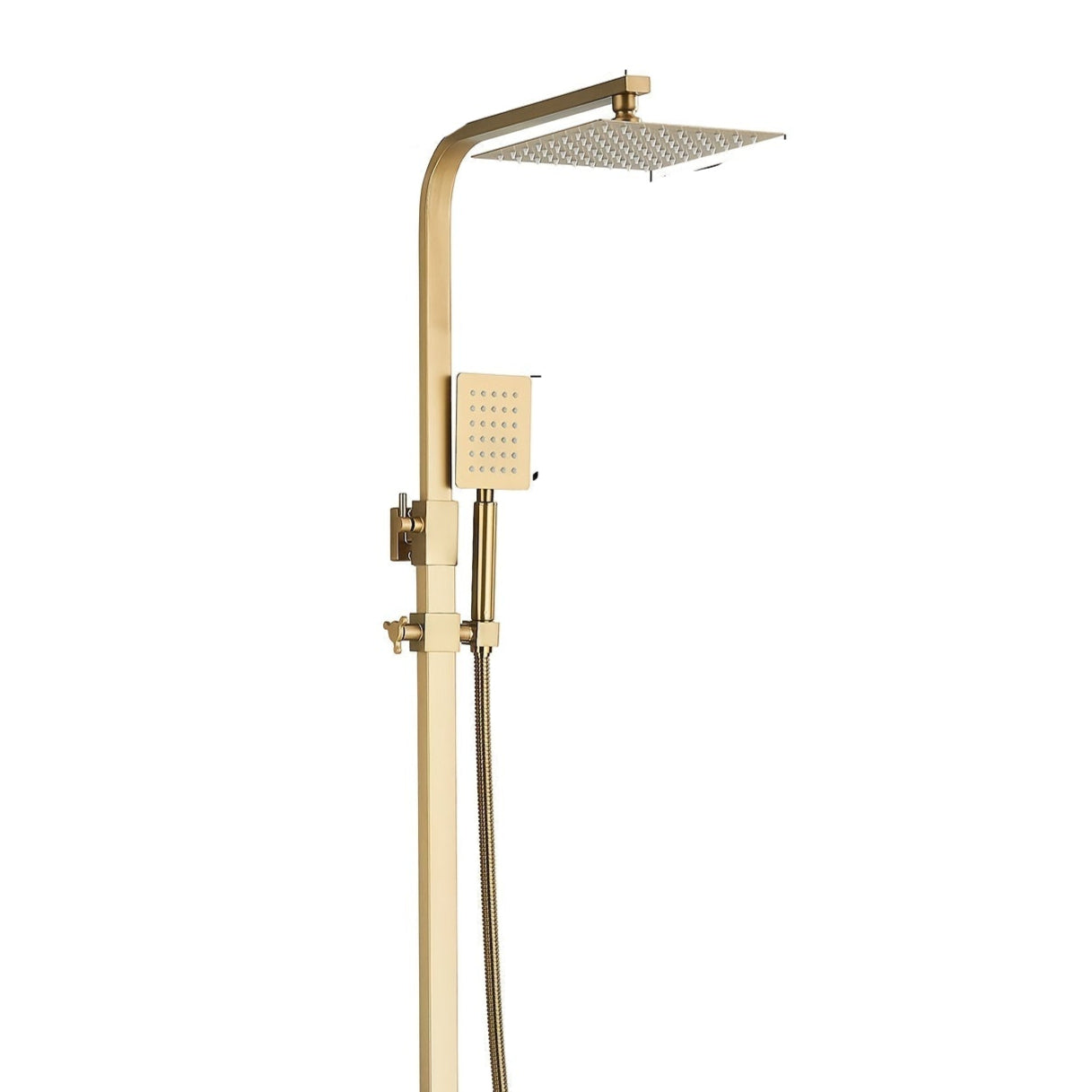 Brushed Golden Bathroom Shower Set - 20.32 cm Square Rainfall Shower Head & Adjustable Height Handheld Shower with Single Handle Control, Wall-Mounted Bath Faucet Kit, Modern Luxury Brass/ Stainless Steel Construction (No Ele